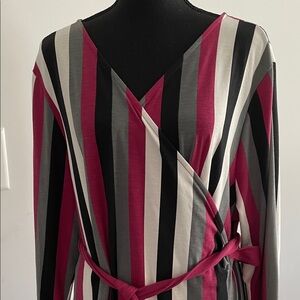 Lula Roe Wrap Dress SizeL Multi Color Striped Knit Timeless Adaptable Flattering